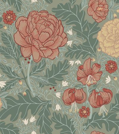 Grön, Rosa, Multifärgat tapet med Blommigt, , Stormönstrat mönster