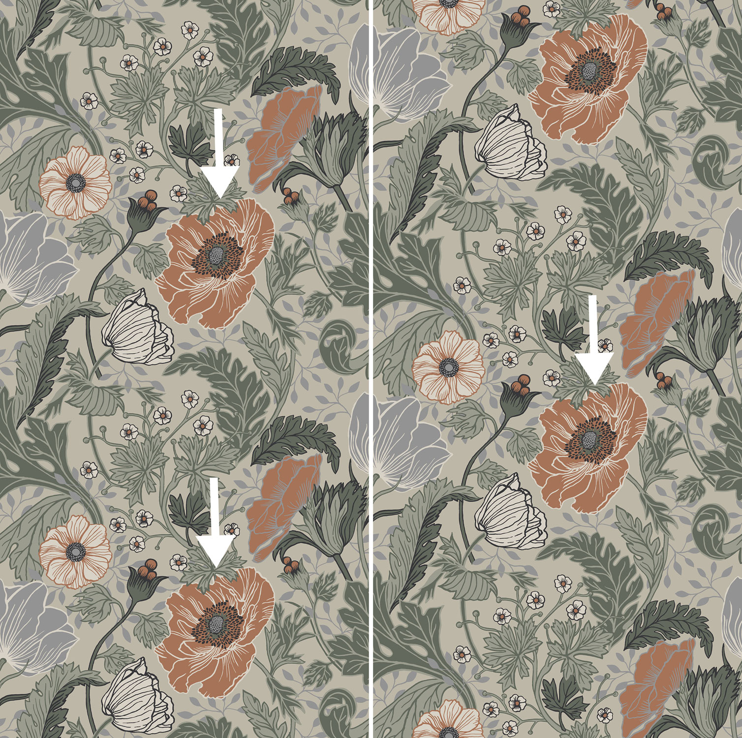 grå tapet med blommor i rost och grönt apelviken anemone