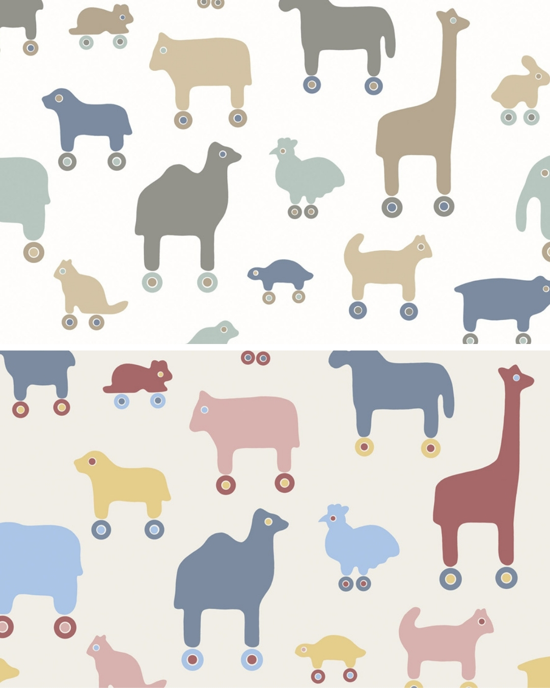 barntapet med djur på hjul i klassisk marimekko stil