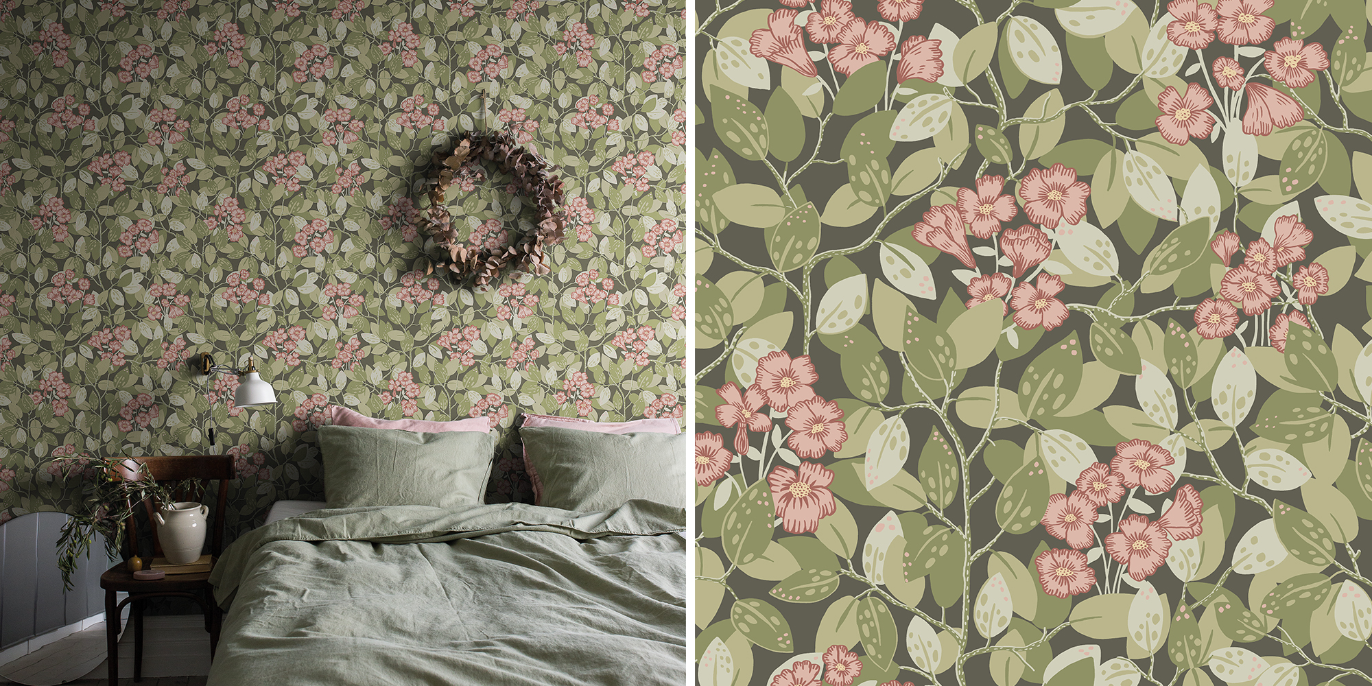 blommig tapet med blad till sovrum