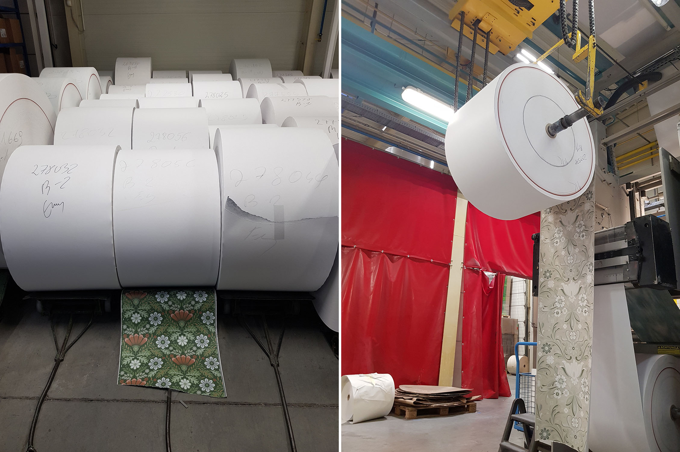 rullar av tapet innan kapning i fabriken