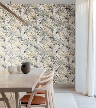 Beige, Blå tapet med Blad, Stormönstrat mönster