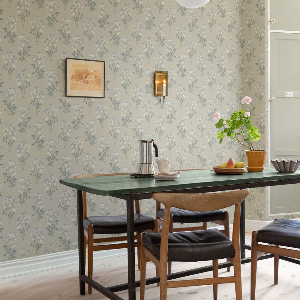 Grön, Beige tapet med Blommigt mönster