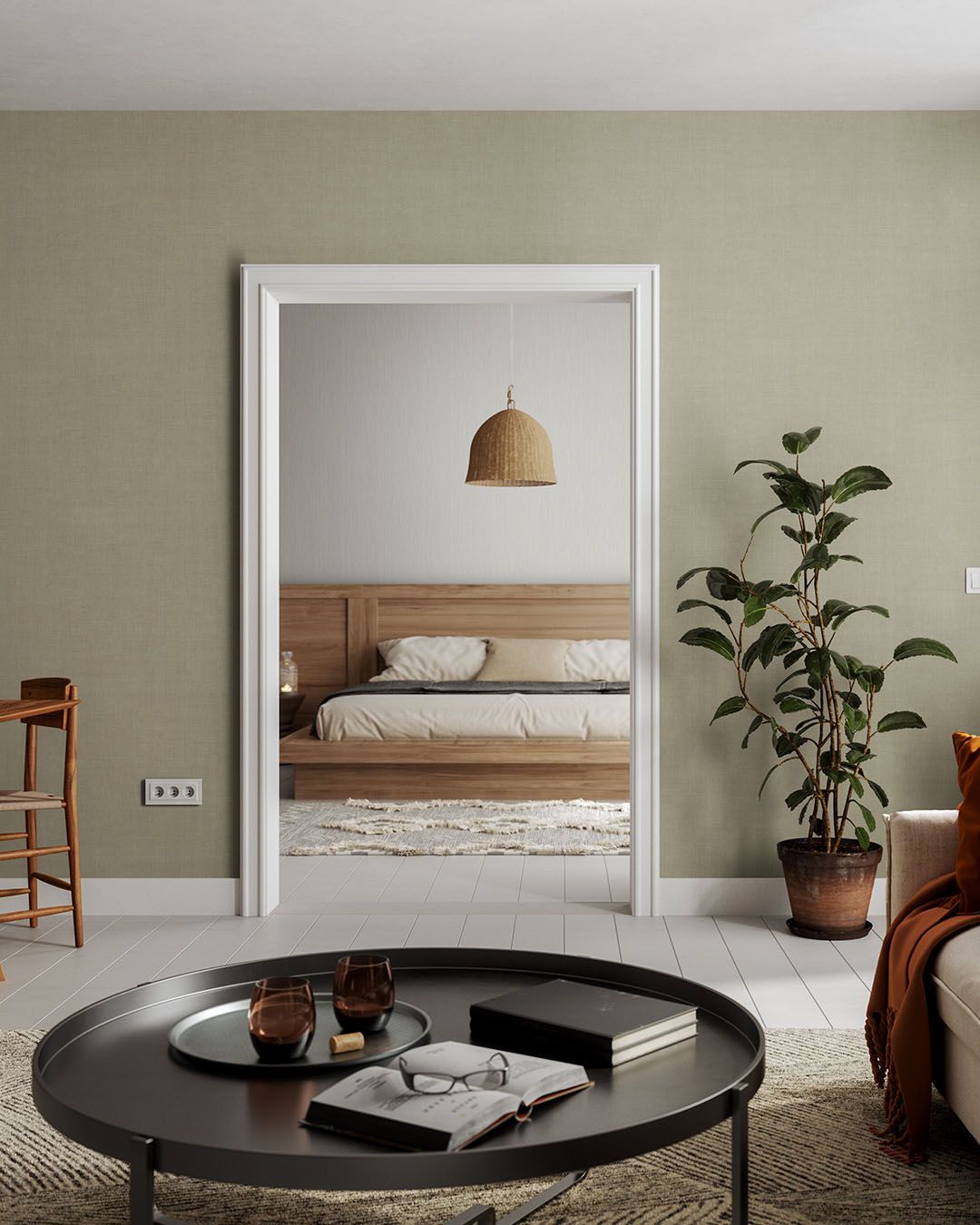 rogivande vardagsrum med enfärgade tapeter i beige och grått