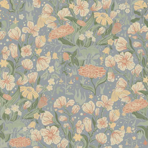 Blå, Grå tapet med Blommigt mönster