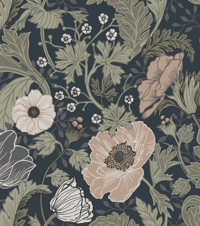Blå, Svart tapet med Blad, Blommigt, Stormönstrat mönster