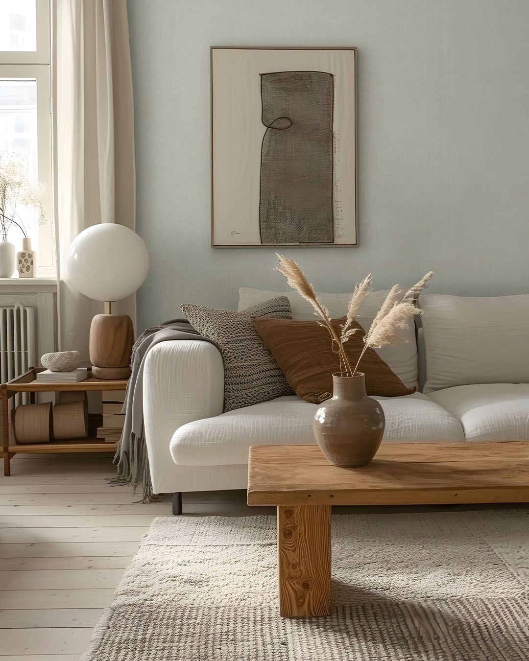 vardagsrum o jordnära nyanser med grå enfärgad tapet
