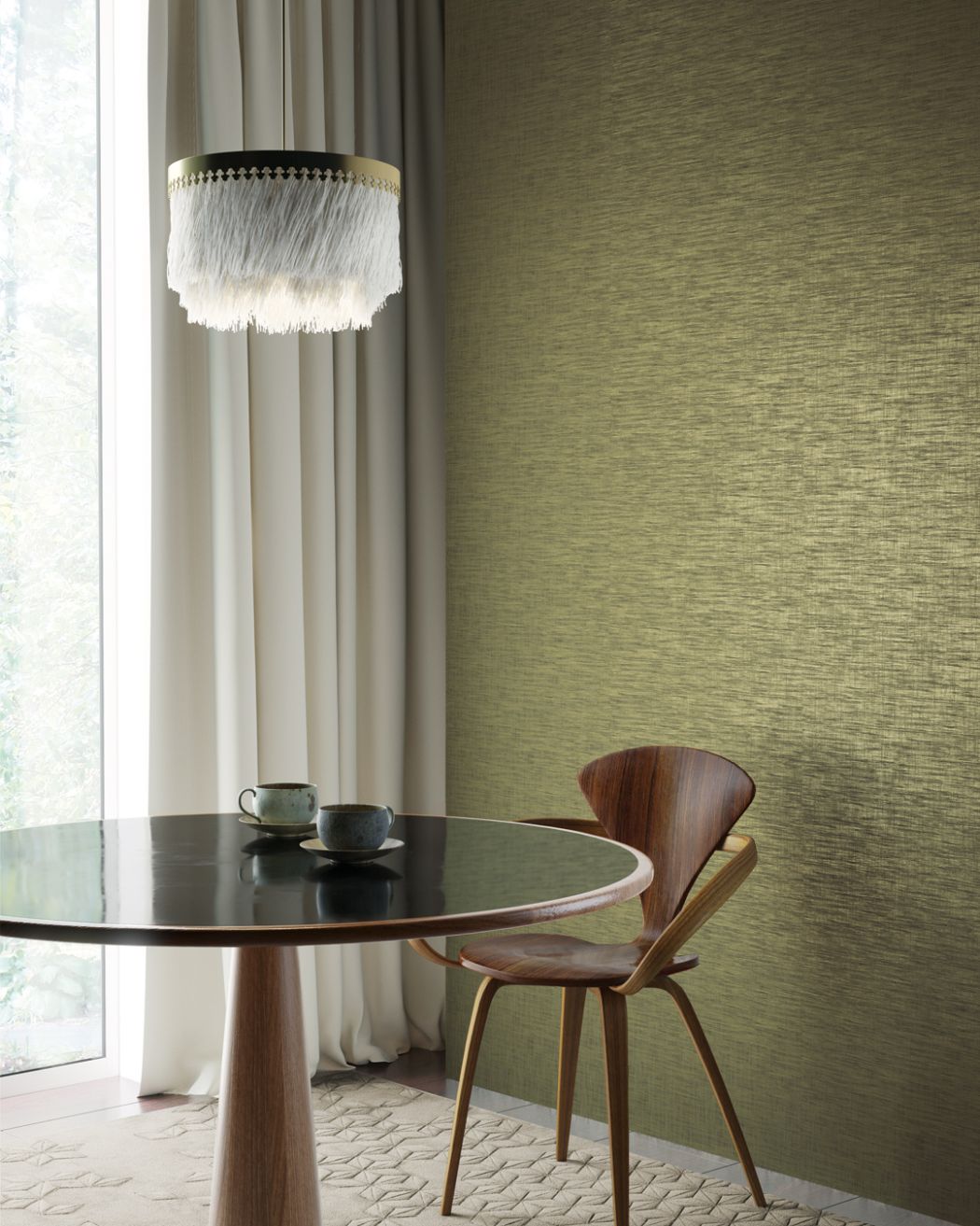 gulgrön tapet med art deco lampa stol i trä med runt bord