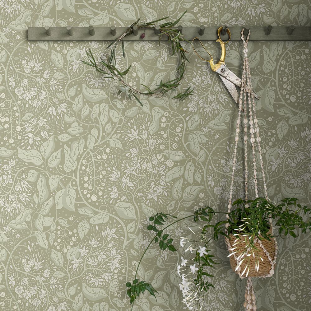 Grön tapet med Blad, Blommigt mönster