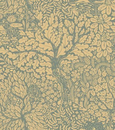 Grön, Blå, Gul tapet med Blommigt, Blad, , Skog mönster