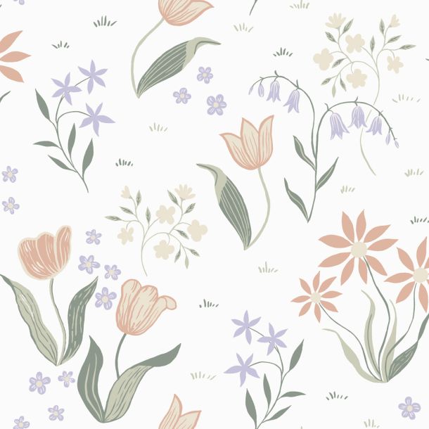 Multifärgat, Vit tapet med Blommigt mönster