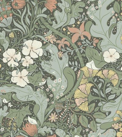 Grön tapet med , Blommigt, Blad mönster