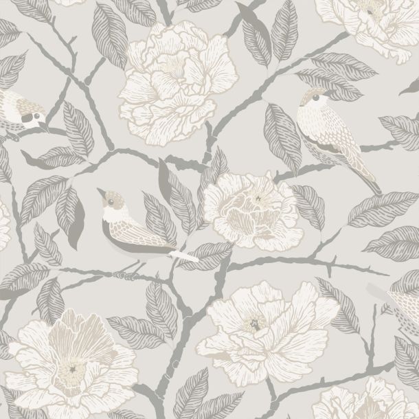 Grå, Beige, Neutral tapet med Djur, Blommigt, Fåglar mönster